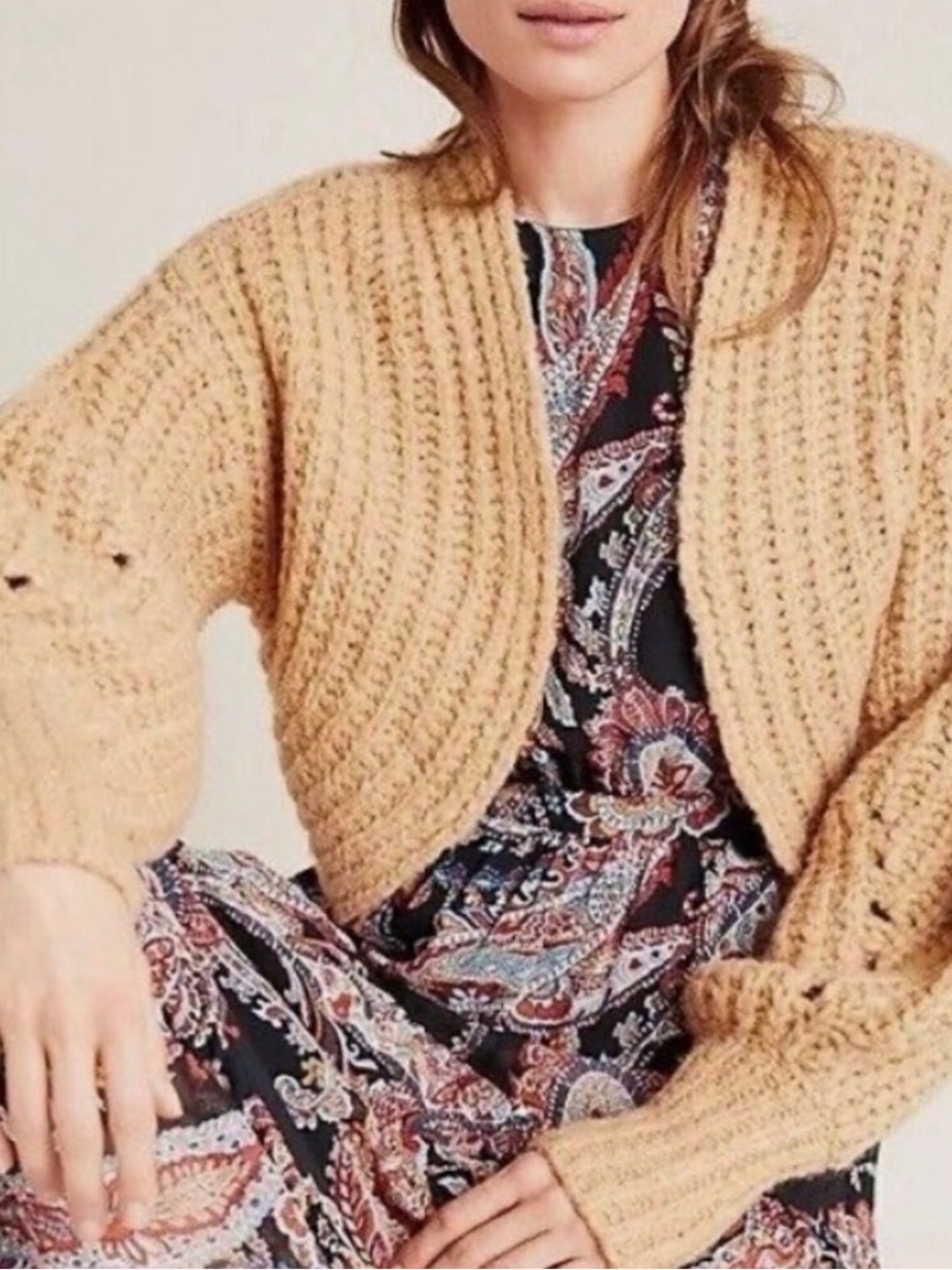 Anthropologie Cropped Chunky Knit Cardigan in Camel S